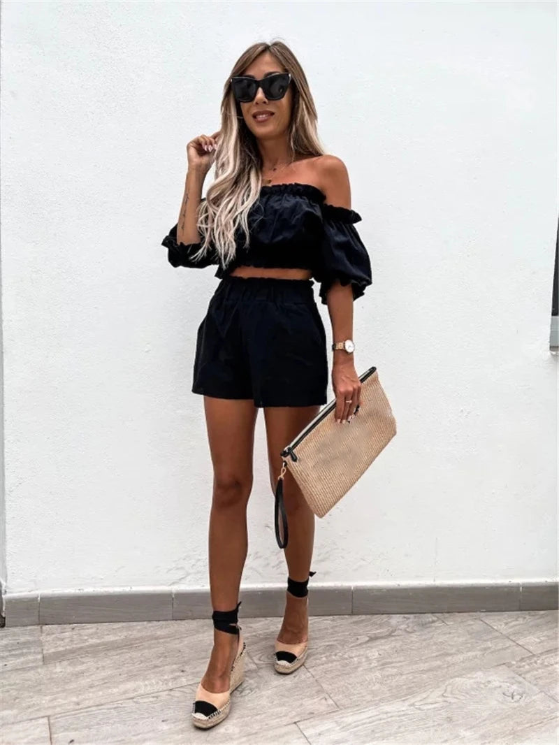 Damski Lniany Komplet Letni: Bluzka Off-Shoulder i Szorty